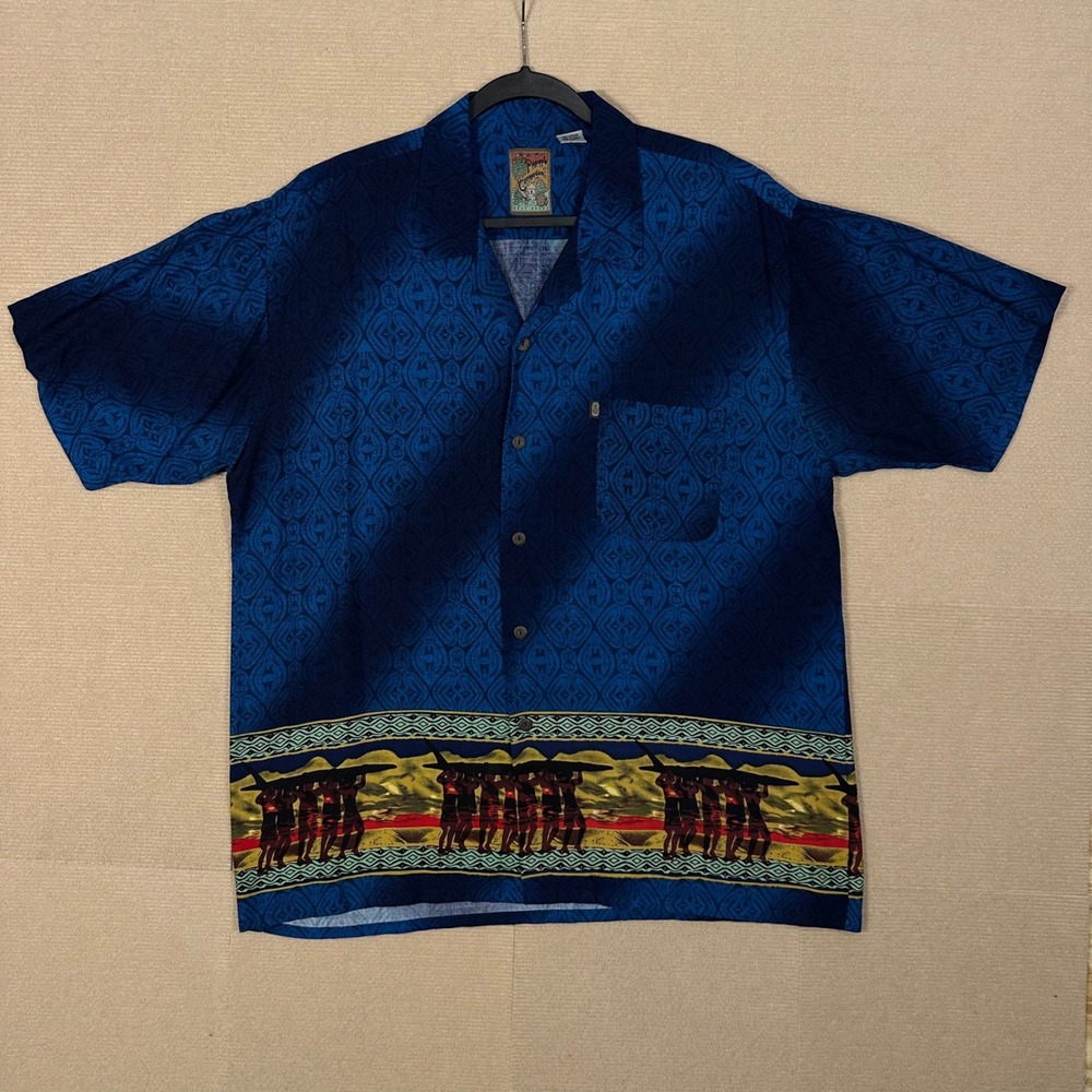 Vintage Pineapple Connection Hawaiian Aloha Shirt Men L Blue Surfboard Rayon